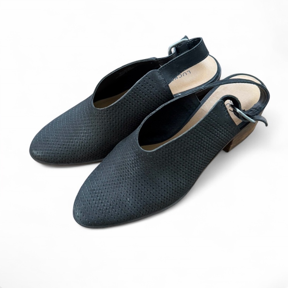 Lucky Brand Womens Lideton Black Slingback Mules Shoes Block Size 8.5M Boho